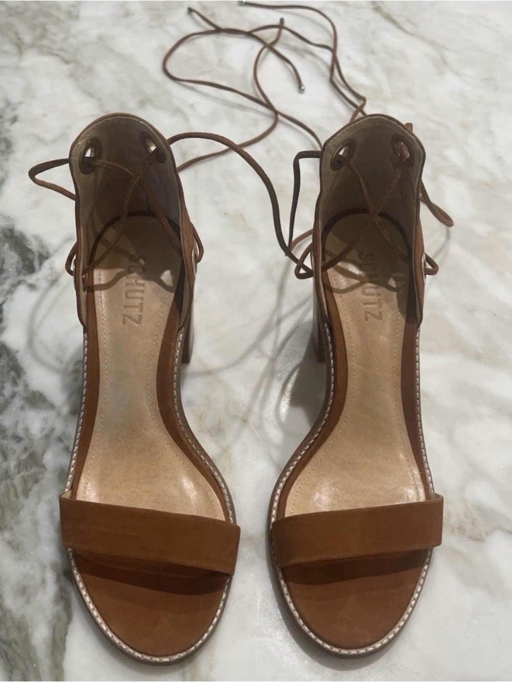 SCHUTZ Tan Lace-Up Block Heel Sandals